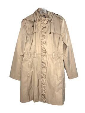 Guess Tan Ruffle Front Hooded Trench Coat Women's Large Lined Front Zip No Belt